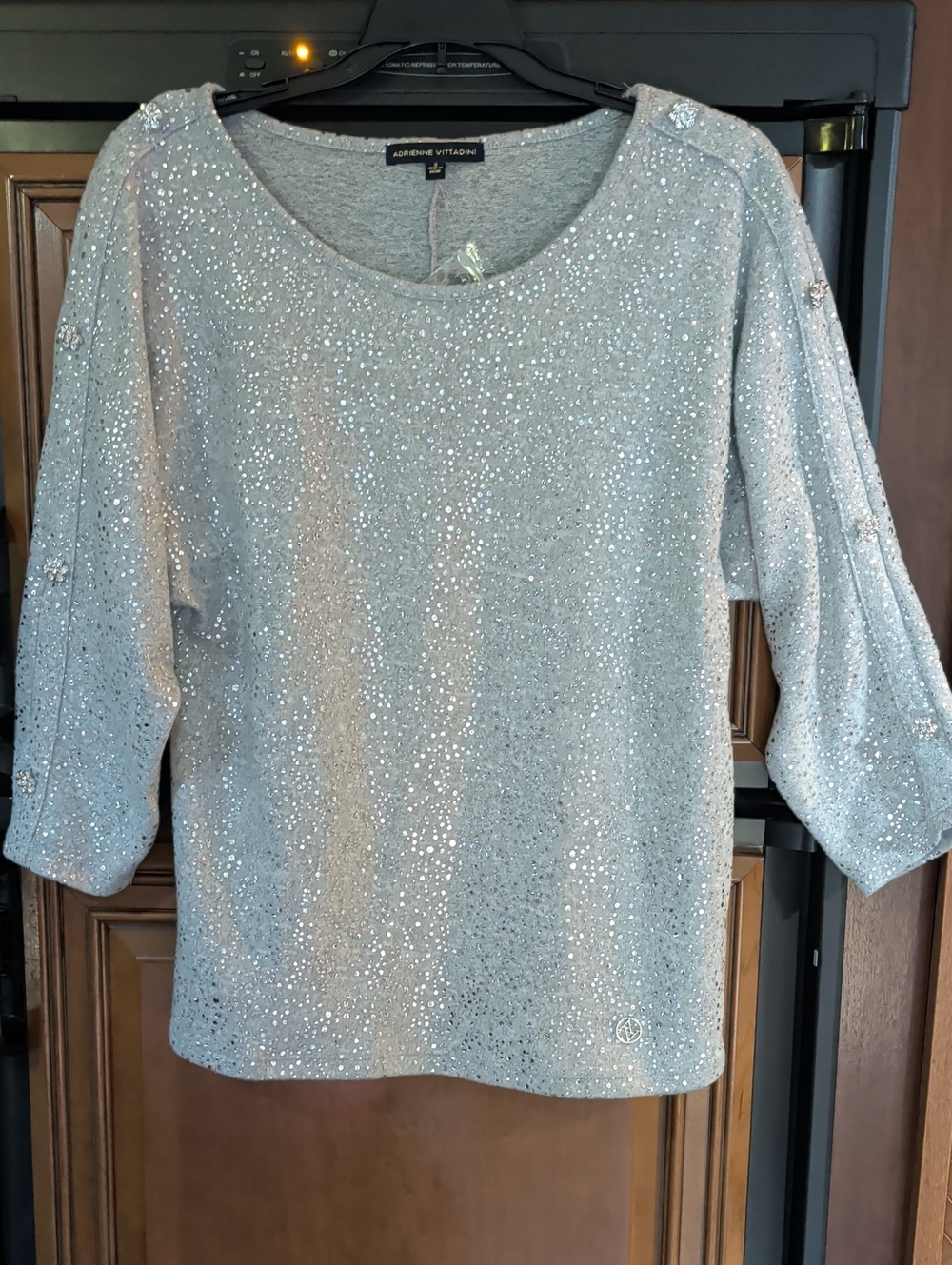 Adrienne Vittadini Gray Silver Sweater Rhinestone Accents